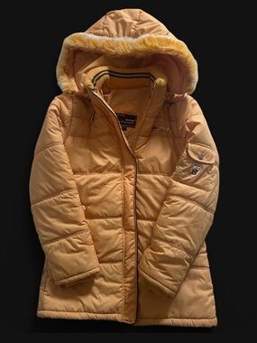 Women's Orange Hooded fur Puffer Coat